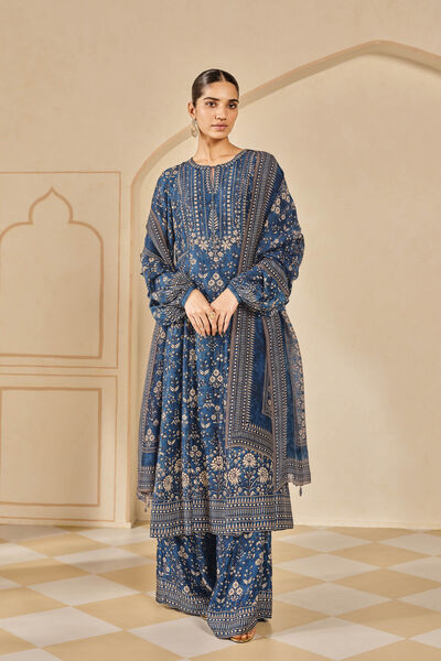 Niral Printed Silk Anarkali Set - Blue
